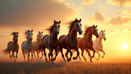Fototapeta premium Majestic Herd of Horses Running at Sunset A Stunning 3D Render