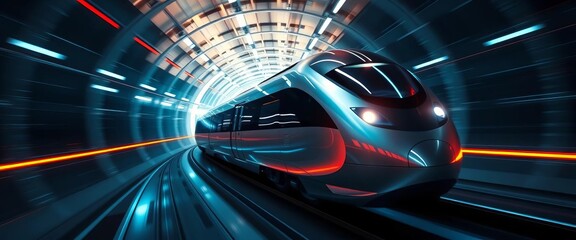 Sleek silver bullet train hurtling through glowing futuristic tunnel, design, futuristic
