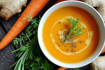 Creamy carrot ginger soup garnished with herbs and black pepper