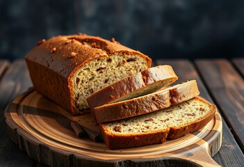 Sliced cinnamon cake bread, rustic wooden board, ample background space, wood, home baking