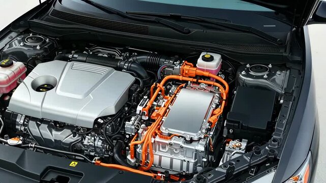 High resolution close-up of modern hybrid engine compartment showing complex orange electric wiring and components, hybrid system exposed