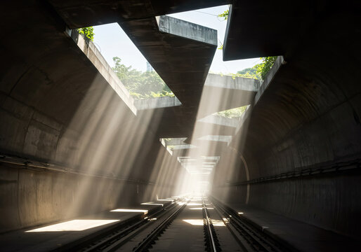 Tunnel with ray of lights shinning through daps on top.