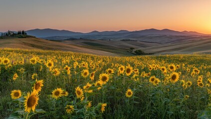 Fototapeta premium Sunflower field landscape at sunrise nature scene
