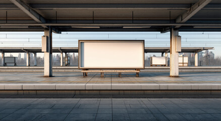 Modern train station platform featuring empty billboards and spacious layout, evoking sense of anticipation and calm
