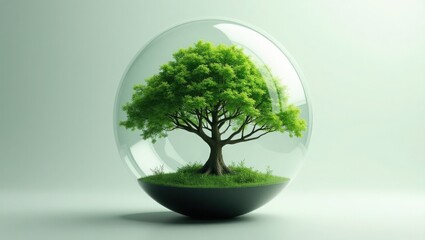 Eco-Consciousness: A Vibrant Tree Thrives Within a Transparent Sphere, Signifying Environmental Harmony and Conservation