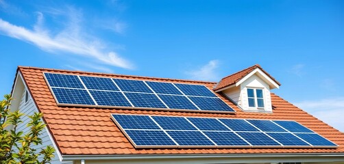 Fototapeta premium Solar panels neatly arranged on a colonial-style home roof under a vibrant blue sky, clouds, rooftop