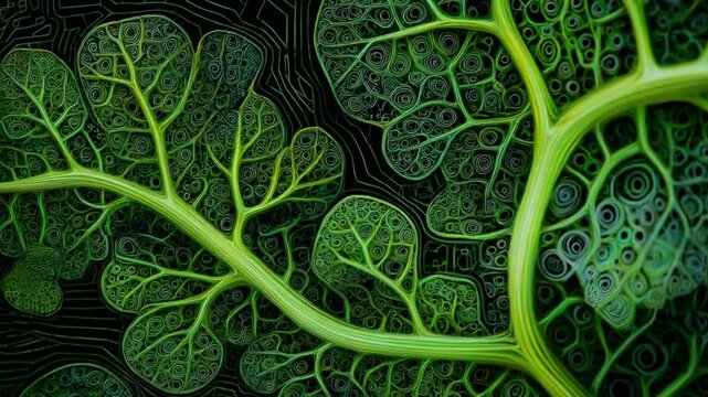Intricate Green Leaf Patterns with Vibrant Lines and Spirals on Dark Background for Nature and Design Concepts