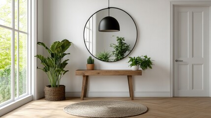 Modern Entryway with a Round Mirror and Wooden Console Table