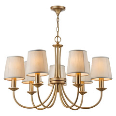 multi arm chandelier with fabric shades and warm light bulbs
