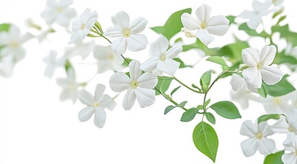 Fototapeta premium Delicate white flowers with green leaves on branches