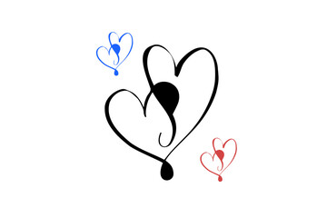 Handwritten or hand drawn heart vector icon. Isolated on a white background. Red, blue and black heart icons. Cute doodle love icons.