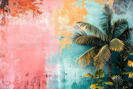 Vibrant tropical palm tree against a textured, painted wall.