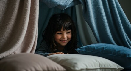 Adorable little girl joyfully playing inside a cozy blanket fort at home