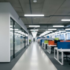 Spacious office environment with defocused passageway and light-toned business structure background