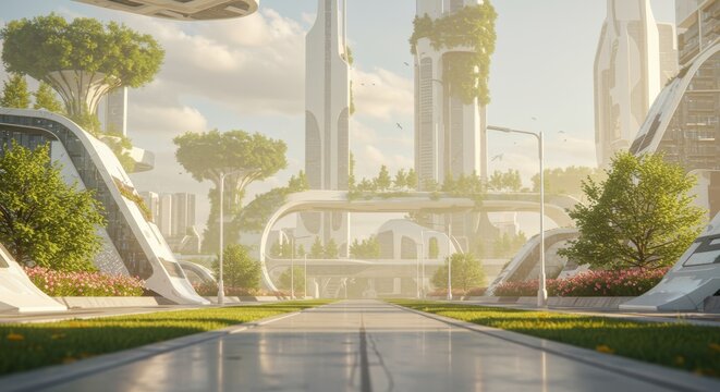 Tranquil visions of a utopian cityscape seamlessly blending nature and advanced post-cyberpunk architecture