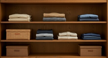 Neatly Arranged Clothes and Decorative Boxes in Wooden Closet Shelves