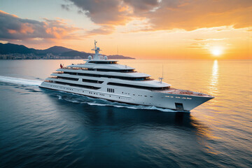 Obraz premium large boat floating in the ocean at sunset