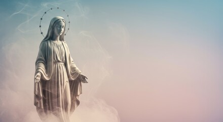 Obraz premium Elegant depiction of Virgin Mary with serene halo and heavenly backdrop