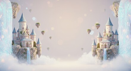 Enchanting fantasy castle floating amidst ethereal clouds and landscapes