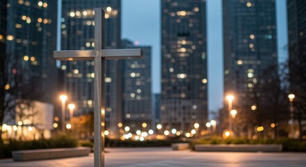 Obraz premium Urban Faith, A Modern Cross Amidst City Lights and Architecture