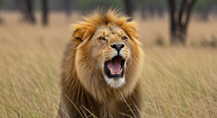 Fototapeta premium Majestic male lion roaring in the african savannah with intense gaze