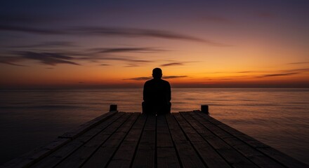 Fototapeta premium Silhouette of a person sitting on a pier at scenic sunset