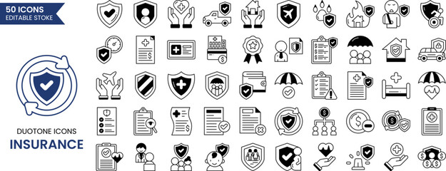 Insurance icon set in duotone style. Containing healthcare medical, life, car, home, travel insurance and more. Vector illustration