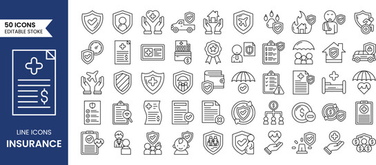 Insurance line editable icon set. Containing healthcare medical, life, car, home, travel insurance and more. Vector illustration