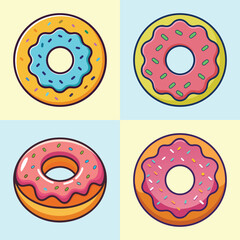 Colorful Cartoon Donuts with Icing and Sprinkles – Flat Vector Illustration