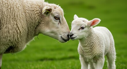 A heartwarming image of a mother sheep tenderly nuzzling her adorable lamb in a lush green field, capturing a beautiful moment of affection