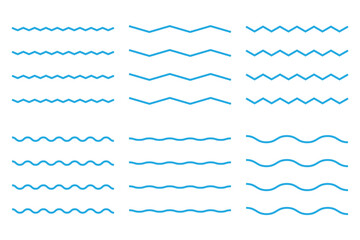 Wave line and wavy zigzag lines. Vector blue underlines, smooth end squiggly horizontal, squiggles. Wave line set. Vector water waves.