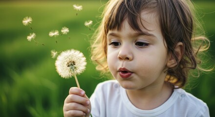A young child blowing a dandelion clock in a sunlit meadow, spreading joy
