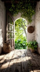 Naklejka premium Sunlit Archway Entrance to Lush Garden Tranquil Cottagecore Scene