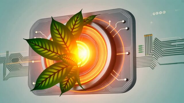 A digital concept of sustainable energy combining nature and technology. Glowing orange energy core surrounded by fresh green leaves symbolizes a clean future powered by innovation and ecology. 