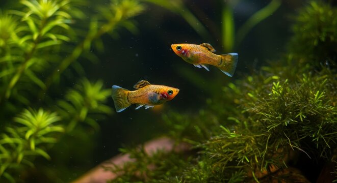Two golden molly fish swim gracefully in their lush aquarium habitat