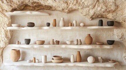 Earthy Ceramics Displayed on Rustic Shelves