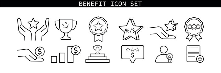 Benefit Icon Set, Vector Outline Graphics of Rewards, Achievements, Ratings, Financial Growth and Certification Symbols