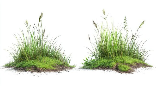 Two clumps of grass on mounds of dirt