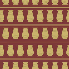 Art Deco Horizontal Stripes of Golden Urns on Jewel Tone Red creating a seamless pattern print