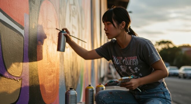 Asian woman creating colorful graffiti art on a city wall with spray paint