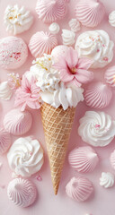 Fototapeta premium Ice Cream Cone with Pink Merengues and Flowers