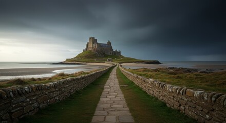 Dramatic view of Lindisfarne Castle under a stormy sky, Northumberland