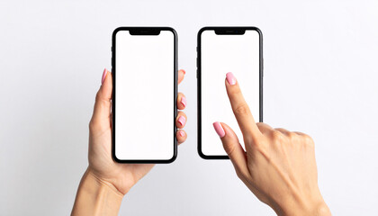 Dual Display: Two phones with blank screen for mockup and woman's hand point screen on device for advertising concept, studio shot.