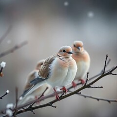 A low-angle shot of mourning doves perched on snow-covered branches in winter, soft cinematic haze with generative ai