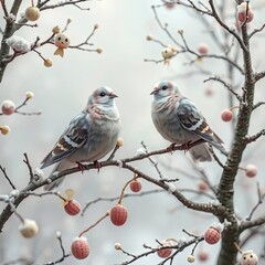 A low-angle shot of mourning doves perched on snow-covered branches in winter, soft cinematic haze with generative ai