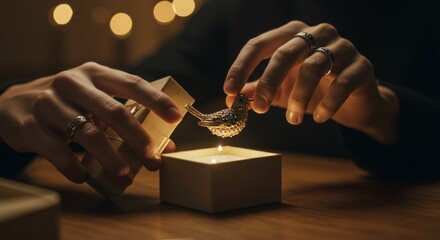 Elegant hands reveal a sparkling bird figurine over a candlelit gift box