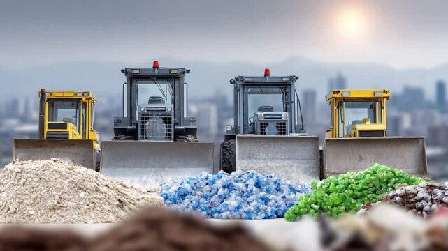 Machines of Reclamation: An awe-inspiring composition, featuring a quartet of formidable earthmovers at a waste facility, meticulously managing an array of reclaimed materials.
