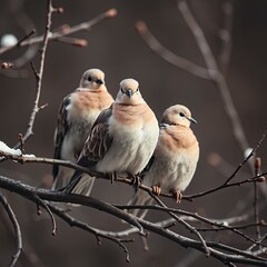 A low-angle shot of mourning doves perched on snow-covered branches in winter, soft cinematic haze with generative ai