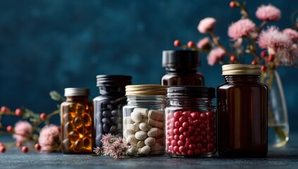 Variety of supplement jars and flowers