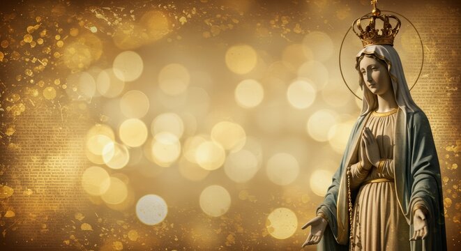 Mary Queen of Heaven with Golden Bokeh and Religious Script Background